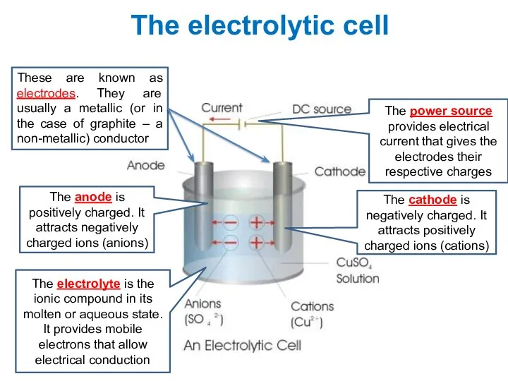 The electrolytic cell The cathode is negatively charged. It attracts positively