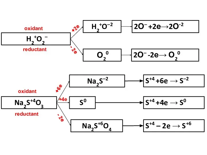 H2+O2– Na2S+4O3 S0 H2+O–2 2О– +2е→2О-2 2О– -2е→ О20 Na2S–2 О20