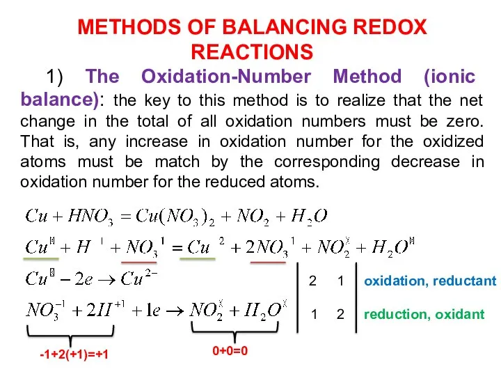 METHODS OF BALANCING REDOX REACTIONS 1) The Oxidation-Number Method (ionic balance):