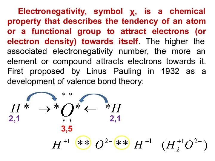 Electronegativity, symbol χ, is a chemical property that describes the tendency