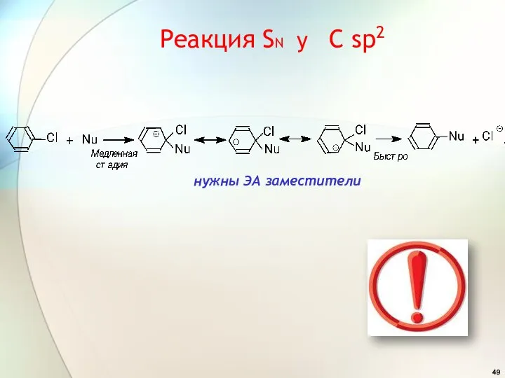нужны ЭА заместители Реакция SN у C sp2