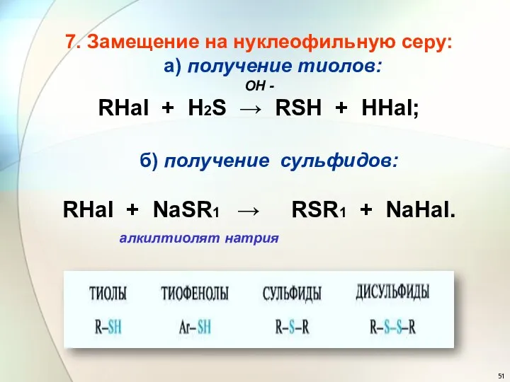 7. Замещение на нуклеофильную серу: а) получение тиолов: ОН - RHal