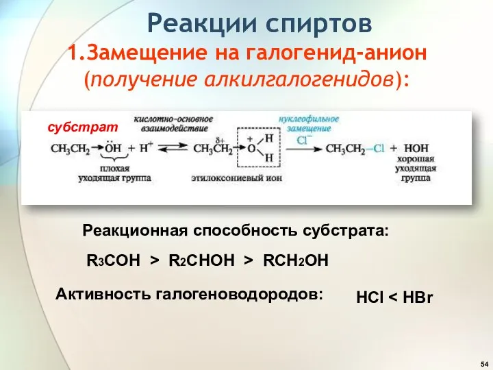 Реакции спиртов 1.Замещение на галогенид-анион (получение алкилгалогенидов): Реакционная способность субстрата: R3COH