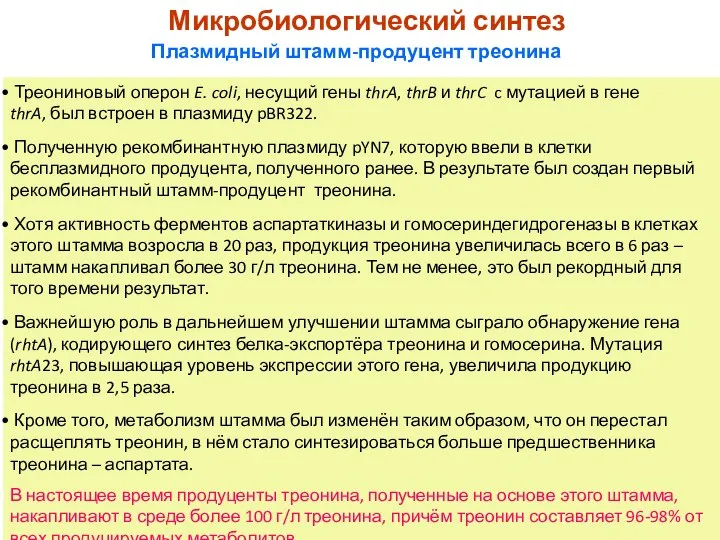 Микробиологический синтез Плазмидный штамм-продуцент треонина Треониновый оперон E. coli, несущий гены