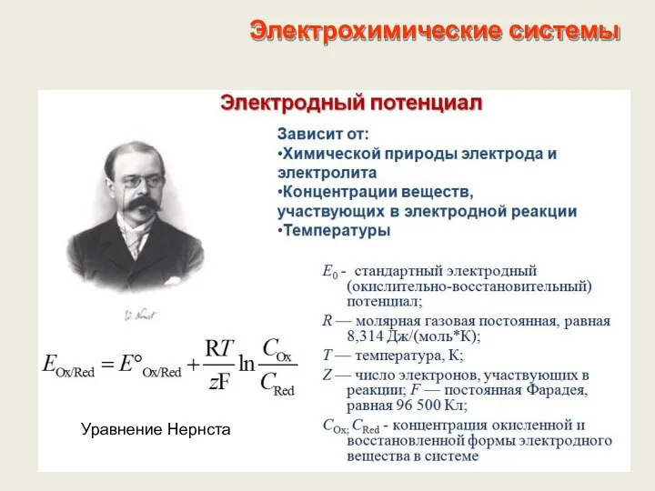 Электрохимические системы Уравнение Нернста