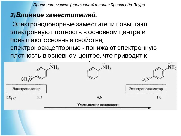 Протолитическая (протонная) теория Бренстеда-Лоури 2)Влияние заместителей. Электронодонорные заместители повышают электронную плотность