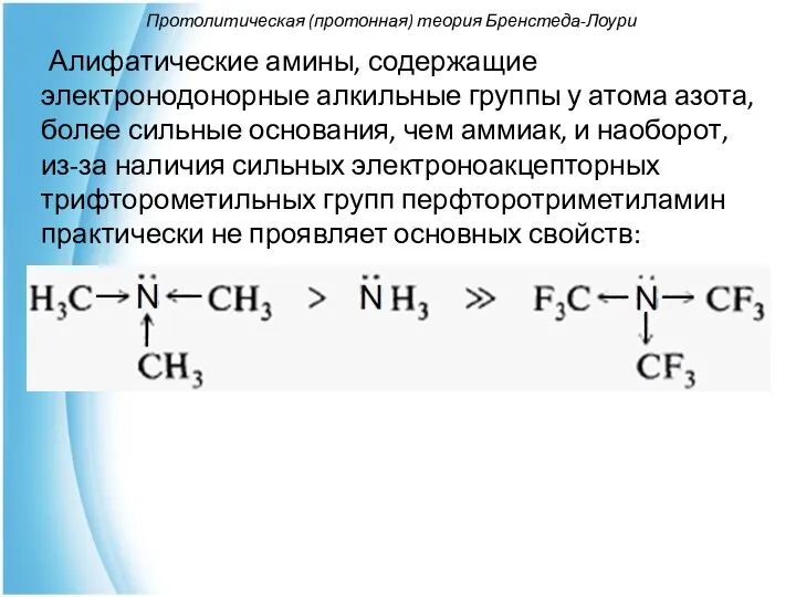 Протолитическая (протонная) теория Бренстеда-Лоури Алифатические амины, содержащие электронодонорные алкильные группы у