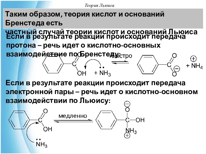 Теория Льюиса Таким образом, теория кислот и оснований Бренстеда есть частный