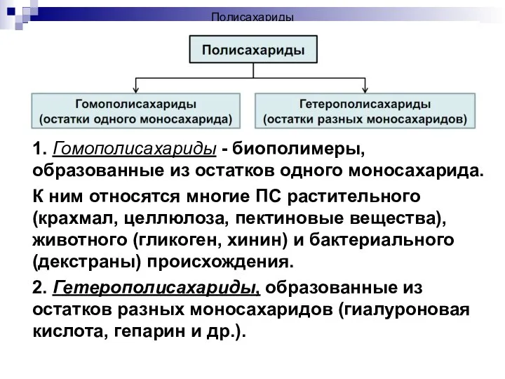 Полисахариды 1. Гомополисахариды - биополимеры, образованные из остатков одного моносахарида. К