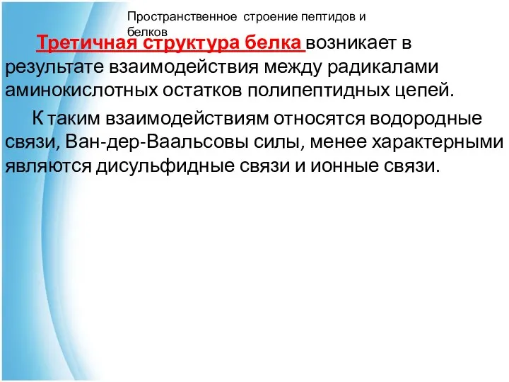 Третичная структура белка возникает в результате взаимодействия между радикалами аминокислотных остатков