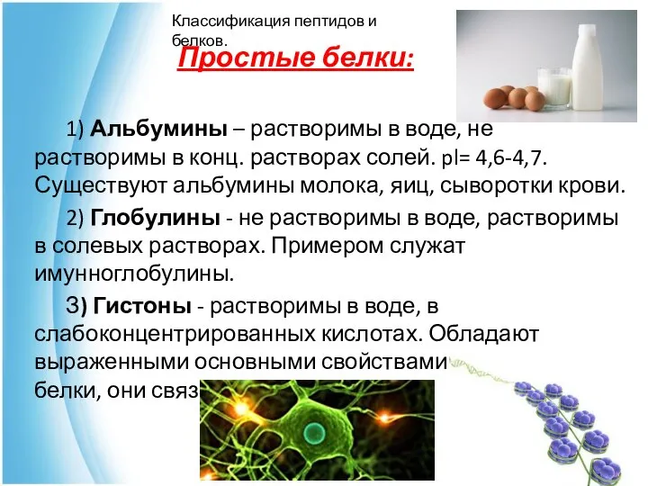 Простые белки: 1) Альбумины – растворимы в воде, не растворимы в