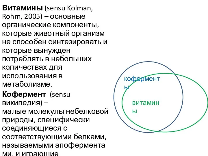 Витамины (sensu Kolman, Rohm, 2005) – основные органические компоненты, которые животный