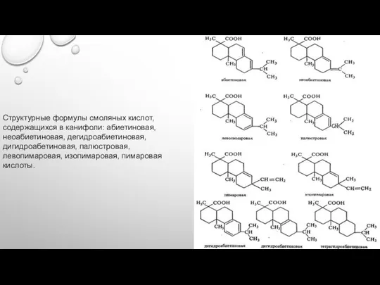 Структурные формулы смоляных кислот, содержащихся в канифоли: абиетиновая, неоабиетиновая, дегидроабиетиновая, дигидроабетиновая, палюстровая, левопимаровая, изопимаровая, пимаровая кислоты.