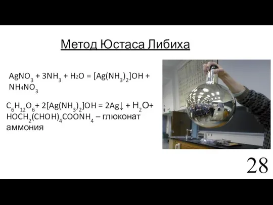 Метод Юстаса Либиха AgNO3 + 3NH3 + H2O = [Ag(NH3)2]OH +