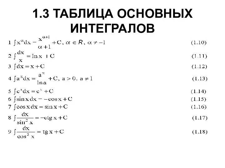 1.3 ТАБЛИЦА ОСНОВНЫХ ИНТЕГРАЛОВ