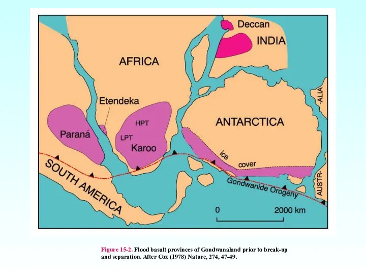 Figure 15-2. Flood basalt provinces of Gondwanaland prior to break-up and
