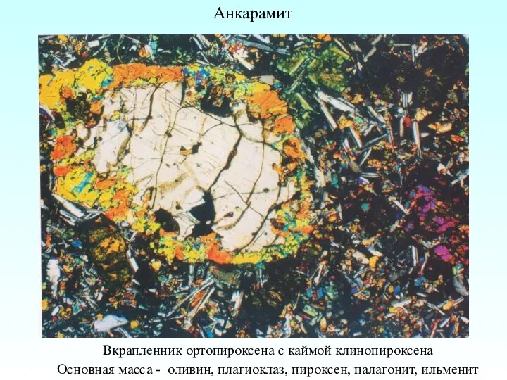 Анкарамит Вкрапленник ортопироксена с каймой клинопироксена Основная масса - оливин, плагиоклаз, пироксен, палагонит, ильменит