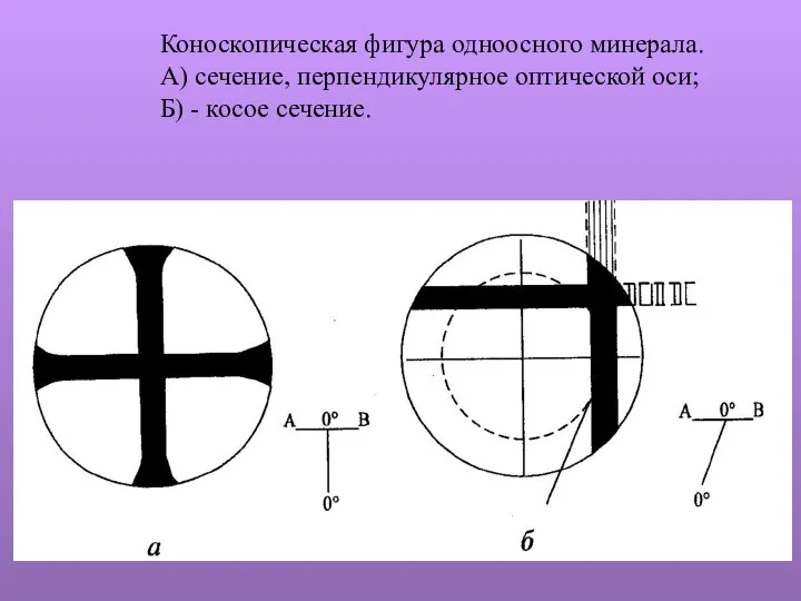 Коноскопическая фигура одноосного минерала. А) сечение, перпендикулярное оптической оси; Б) - косое сечение.