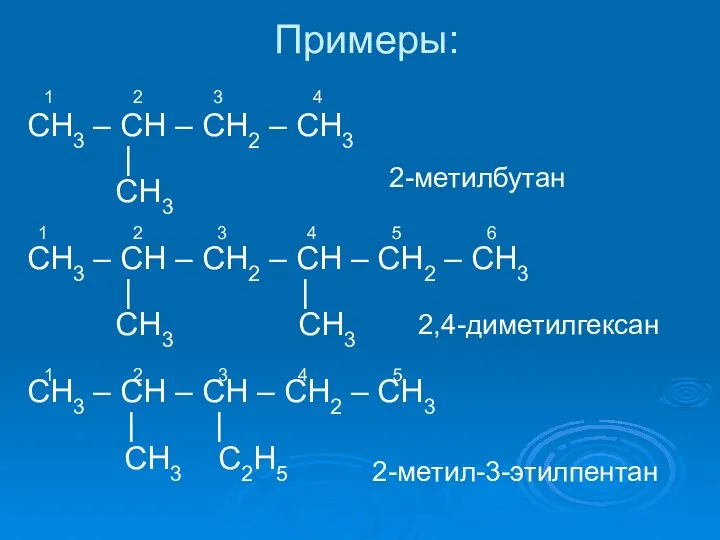 Примеры: СН3 – СН – СН2 – СН3 | CH3 CH3