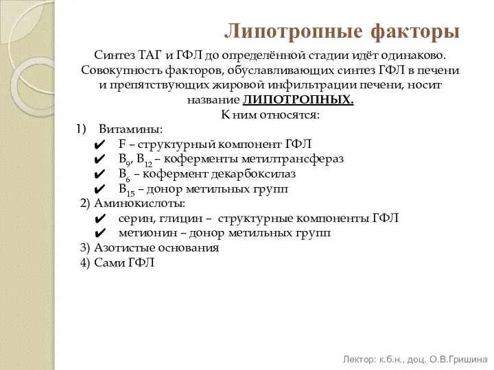 Липотропные факторы Синтез ТАГ и ГФЛ до определённой стадии идёт одинаково.