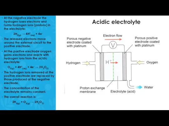 Acidic electrolyte At the negative electrode the hydrogen loses electrons and