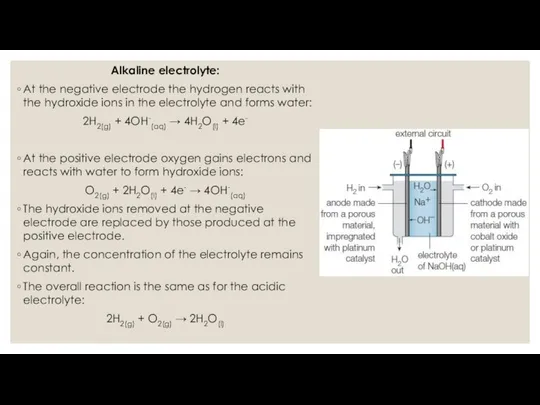 Alkaline electrolyte: At the negative electrode the hydrogen reacts with the