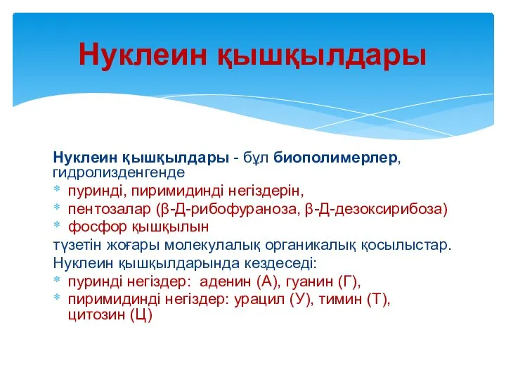 Нуклеин қышқылдары - бұл биополимерлер, гидролизденгенде пуриндi, пиримидиндi негiздерiн, пентозалар (β-Д-рибофураноза,