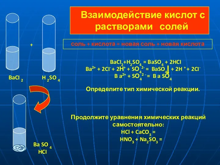 Взаимодействие кислот с растворами солей BaCI2+H2SO4 = BaSO4 + 2HCI Ba2+