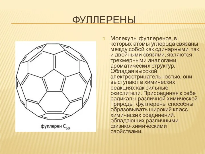 ФУЛЛЕРЕНЫ Молекулы фуллеренов, в которых атомы углерода связаны между собой как