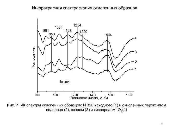 Рис. 7 ИК спектры окисленных образцов: N 326 исходного (1) и