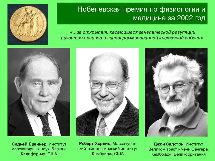 Нобелевская премия по физиологии и медицине за 2002 год Роберт Хорвиц,