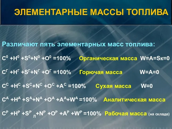 Различают пять элементарных масс топлива: C0 +H0 +S0+N0 +O0 =100% Органическая