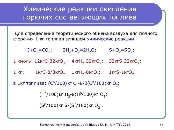 Химические реакции окисления горючих составляющих топлива Для определения теоретического объема воздуха