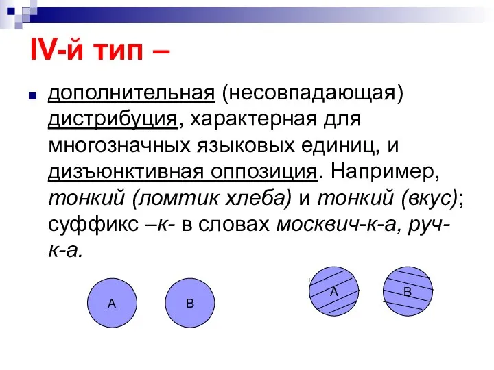 IV-й тип – дополнительная (несовпадающая) дистрибуция, характерная для многозначных языковых единиц,