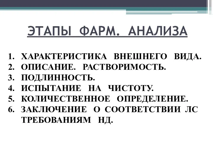 ЭТАПЫ ФАРМ. АНАЛИЗА ХАРАКТЕРИСТИКА ВНЕШНЕГО ВИДА. ОПИСАНИЕ. РАСТВОРИМОСТЬ. ПОДЛИННОСТЬ. ИСПЫТАНИЕ НА