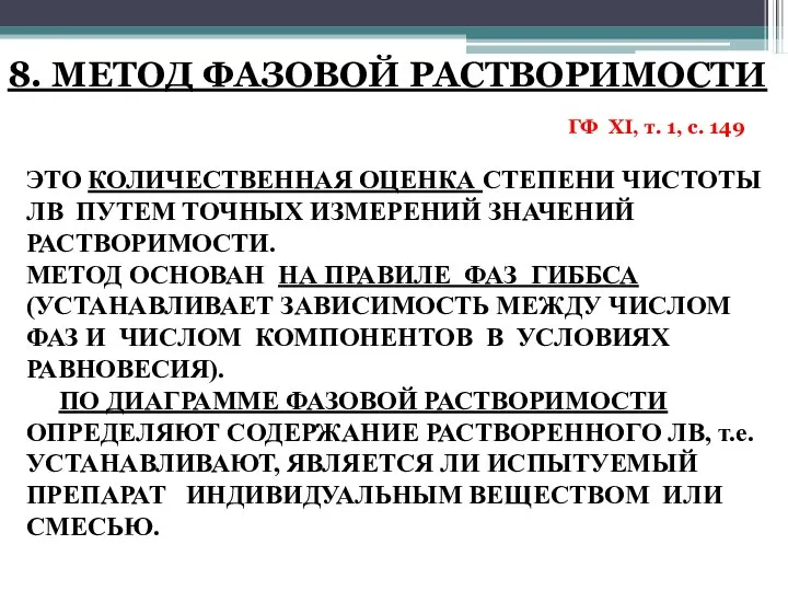 8. МЕТОД ФАЗОВОЙ РАСТВОРИМОСТИ ГФ XI, т. 1, с. 149 ЭТО