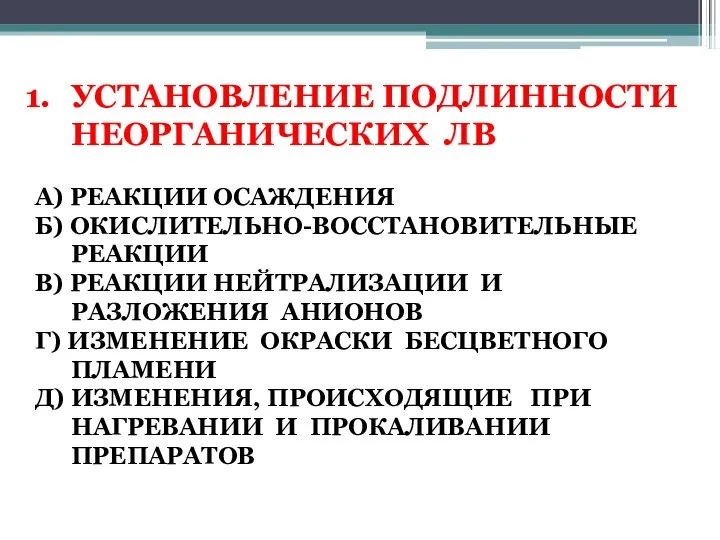 УСТАНОВЛЕНИЕ ПОДЛИННОСТИ НЕОРГАНИЧЕСКИХ ЛВ А) РЕАКЦИИ ОСАЖДЕНИЯ Б) ОКИСЛИТЕЛЬНО-ВОССТАНОВИТЕЛЬНЫЕ РЕАКЦИИ В)