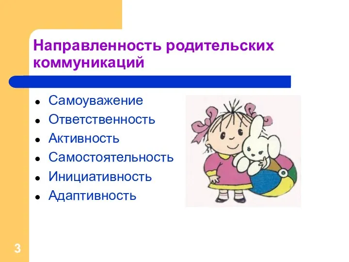 Направленность родительских коммуникаций Самоуважение Ответственность Активность Самостоятельность Инициативность Адаптивность