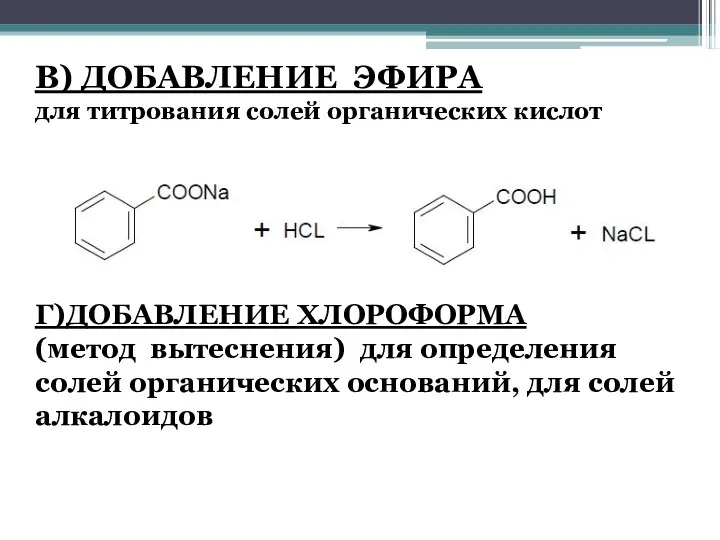 В) ДОБАВЛЕНИЕ ЭФИРА для титрования солей органических кислот Г)ДОБАВЛЕНИЕ ХЛОРОФОРМА (метод