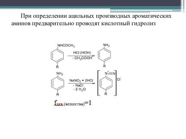 При определении ацильных производных ароматических аминов предварительно проводят кислотный гидролиз