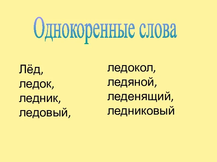 Однокоренные слова Лёд, ледок, ледник, ледовый, ледокол, ледяной, леденящий, ледниковый