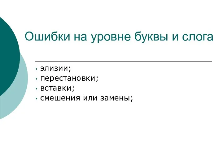 Ошибки на уровне буквы и слога элизии; перестановки; вставки; смешения или замены;