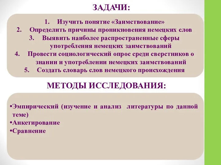 ЗАДАЧИ: МЕТОДЫ ИССЛЕДОВАНИЯ: Изучить понятие «Заимствование» Определить причины проникновения немецких слов