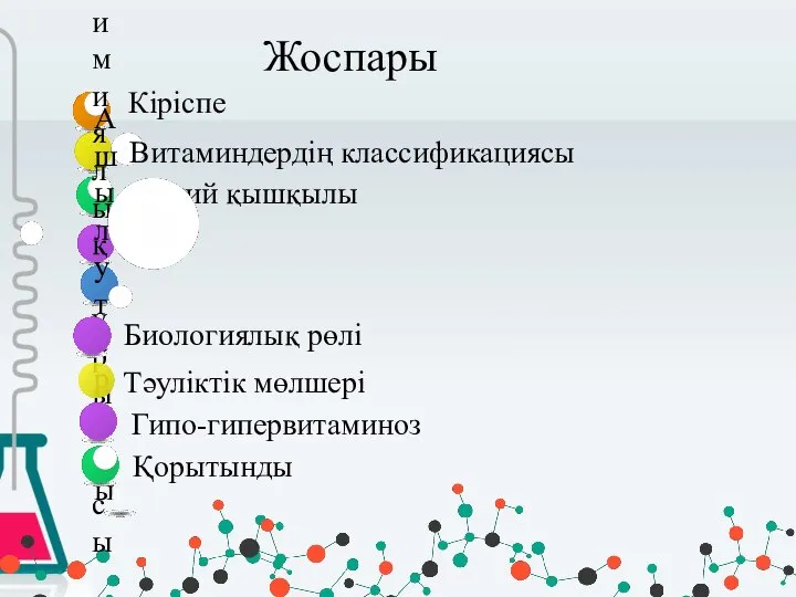 Жоспары Витаминдердің классификациясы Биологиялық рөлі Тәуліктік мөлшері Гипо-гипервитаминоз