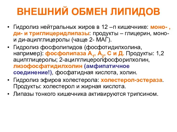 ВНЕШНИЙ ОБМЕН ЛИПИДОВ Гидролиз нейтральных жиров в 12 –п кишечнике: моно-