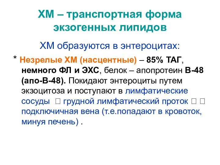 ХМ – транспортная форма экзогенных липидов ХМ образуются в энтероцитах: *