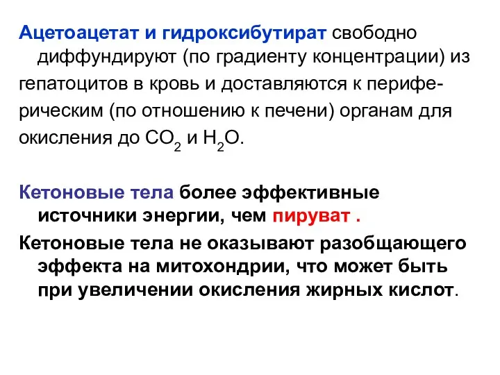 Ацетоацетат и гидроксибутират свободно диффундируют (по градиенту концентрации) из гепатоцитов в