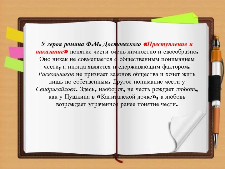 У героя романа Ф.М. Достоевского «Преступление и наказание» понятие чести очень