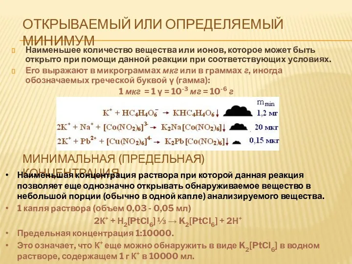 ОТКРЫВАЕМЫЙ ИЛИ ОПРЕДЕЛЯЕМЫЙ МИНИМУМ Наименьшее количество вещества или ионов, которое может