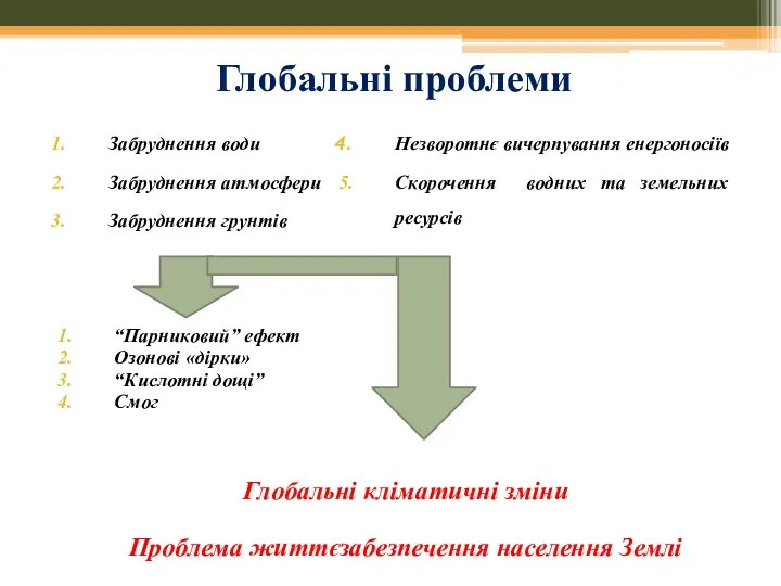 Глобальні проблеми Забруднення води Забруднення атмосфери Забруднення грунтів “Парниковий” ефект Озонові